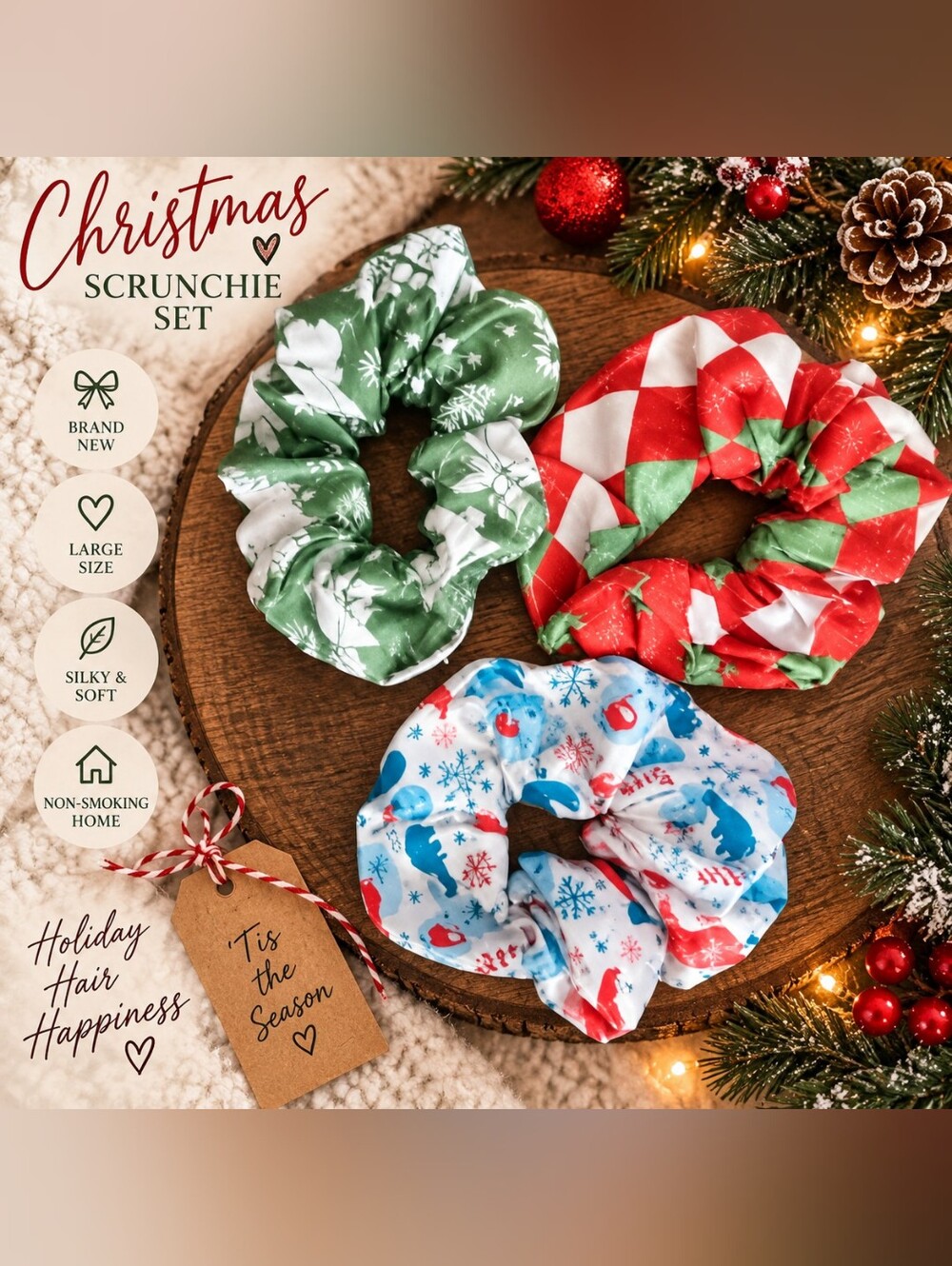 Holiday Christmas Large Silky Scrunchie Set Red, Green & Blue Santa Reindeer New